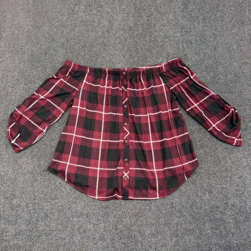 Orange Kiss Blouse Women's 3X Red Black Plaid Off Shoulder Button Front Workwear